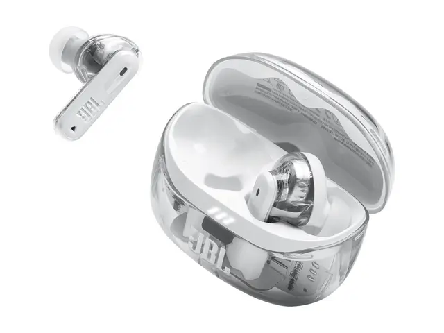 JBL TUNE Beam 2 - Ghost Edition - True wireless-hodetelefoner med mikrofon i øret - Bluetooth - aktiv støydemping - spøkelseshvit 