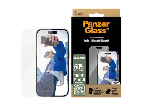 PanzerGlass - Skjermbeskyttelse for mobiltelefon klassisk passform - glass - for Apple iPhone 15, 16