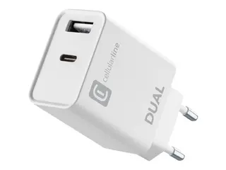 Cellular Line ACHIPHUSB2PD20WW Str&#248;madapter - 15 watt - PD - 2 utgangskontakter (USB, 24 pin USB-C) - hvit