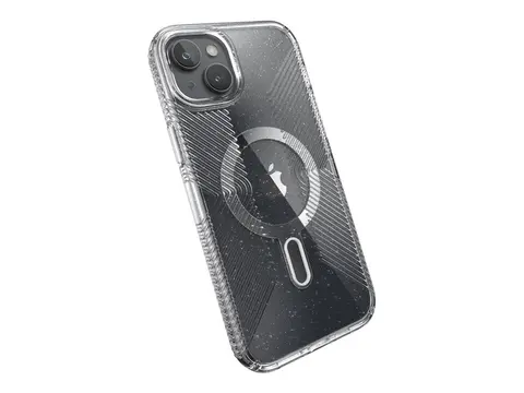 Speck Presidio Lux - Baksidedeksel for mobiltelefon MagSafe-samsvar - hard polykarbonat, bl&#248;t termoplastpolyuretan (TPU) - clear/platinum glitter - for Apple iPhone 15 Plus