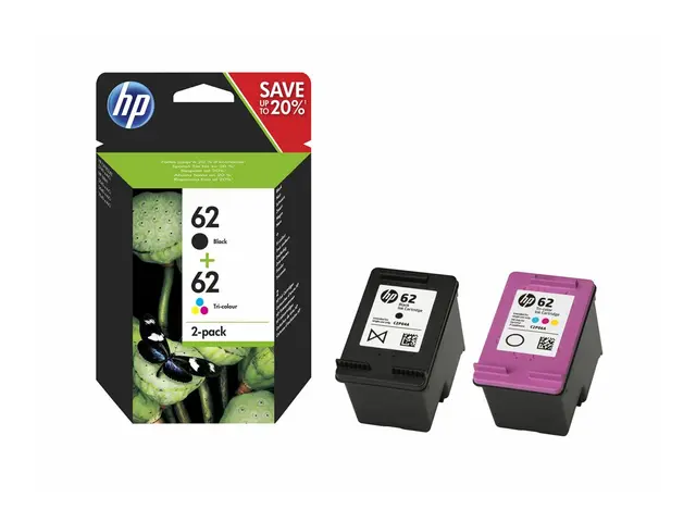 HP 62 - 2-pack pigmentert svart, farge (cyan, magenta, gul) origin...