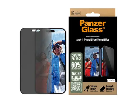PanzerGlass - Skjermbeskyttelse for mobiltelefon ultrabred passform - glass - med personvernsfilter - 2-veis - rammefarge svart - for Apple iPhone 16 Plus