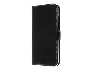 Insmat Exclusive - Lommebok for mobiltelefon ekte skinn, polykarbonat, kartong+papir+aluminiumsfolie - svart - for Apple iPhone 15 Plus