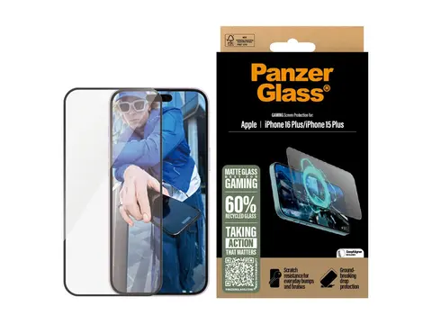 PanzerGlass Gaming - Skjermbeskyttelse for mobiltelefon ultrabred passform - glass - rammefarge svart - for Apple iPhone 15 Plus, 16 Plus