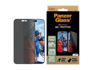 PanzerGlass - Skjermbeskyttelse for mobiltelefon ultrabred passform - glass - med personvernsfilter - 2-veis - rammefarge svart - for Apple iPhone 16 Pro Max