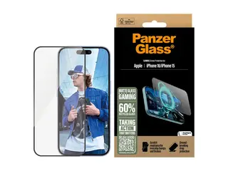PanzerGlass Gaming - Skjermbeskyttelse for mobiltelefon ultrabred passform - glass - rammefarge svart - for Apple iPhone 15, 16
