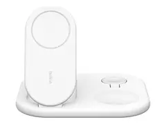 Belkin BoostCharge 3-in-1 - Tr&#229;dl&#248;st ladestativ magnetisk, sammenleggbar, med Qi2 + AC-str&#248;madapter - 15 watt - Fast Charge - hvit