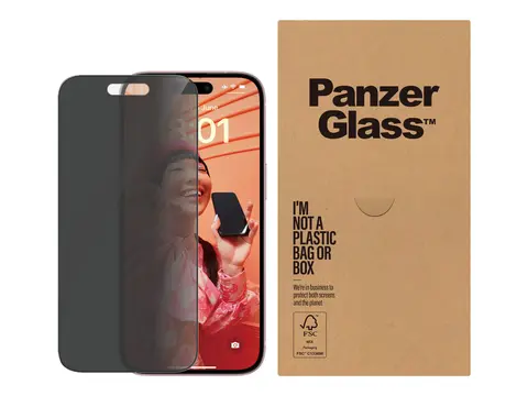 PanzerGlass - Skjermbeskyttelse for mobiltelefon ultravid passform med EasyAligner - glass - med personvernsfilter - rammefarge svart - for Apple iPhone 15