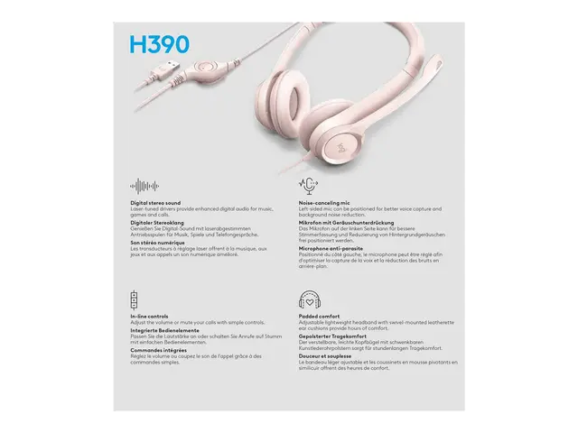 Logitech H390 - Hodesett on-ear kablet USB-A rosa