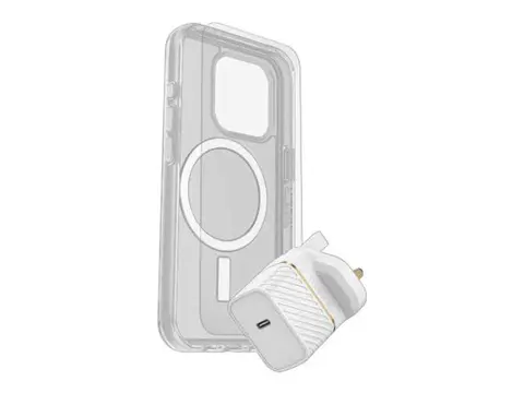 OtterBox Symmetry Series - Baksidedeksel for mobiltelefon MagSafe-samsvar - blank - med Premium Glass-skjermbeskytter og Fast Charge-vegglader USB-C 30 W - for Apple iPhone 15 Pro