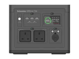 Schneider OffGrid 730 - B&#230;rbar str&#248;mstasjon LCD, 2 BS1363-uttak, sinuskurve, 3 USB-A, 2 USB-C, tr&#229;dl&#248;s lader - AC 190 - 265 / DC 12 -30 V - 700 watt - litiumion - 738 Wh - utgangskontakter: 2 - Storbritannia - svart, gr&#248;nn