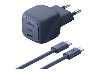 Belkin BoostCharge - Strømadapter - kompakt 30 watt - PD, Fast Charge (USB-C) - på kabel: USB-C - blå - med USB-C-kabel (2m)