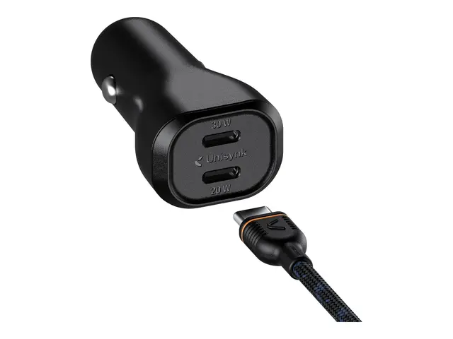 Unisynk - Bilstrømadapter 50 watt 2 utgangskontakter (24 pin USB-C...