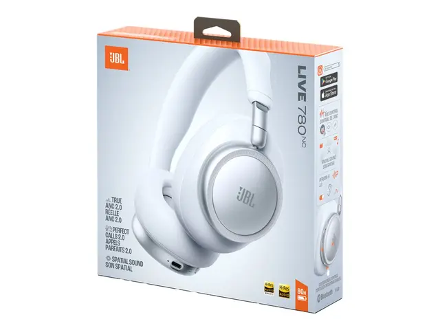 JBL LIVE 780NC - Hodetelefoner med mikrofon full størrelse - Bluetooth - trådløs, kablet - aktiv støydemping - 3,5 mm jakk - hvit 