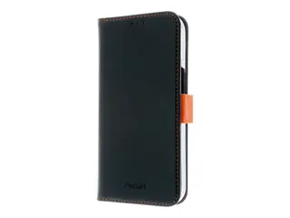 Insmat Exclusive - Lommebok for mobiltelefon ekte skinn, polykarbonat, kartong+papir+aluminiumsfolie - svart, oransje - for Apple iPhone 15