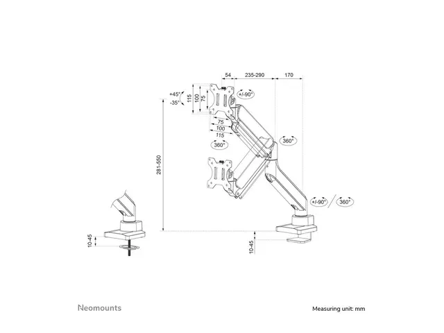 Neomounts DS70-450BL1 - Monteringssett (leddarm, maljeklemme, topf...