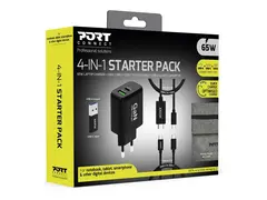 PORT Connect - 4-in-1 Starter Pack - strømadapter 65 watt - 4.05 A - QC 3.0, PD, PD/PPS - 2 utgangskontakter (USB, USB-C) - på kabel: USB-C - med USB-C-kabel, USB-C til HDMI-kabel, USB-C til USB-A-adapter