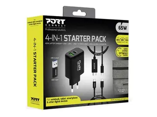 PORT Connect - 4-in-1 Starter Pack - strømadapter 65 watt - 4.05 A - QC 3.0, PD, PD/PPS - 2 utgangskontakter (USB, USB-C) - på kabel: USB-C - med USB-C-kabel, USB-C til HDMI-kabel, USB-C til USB-A-adapter
