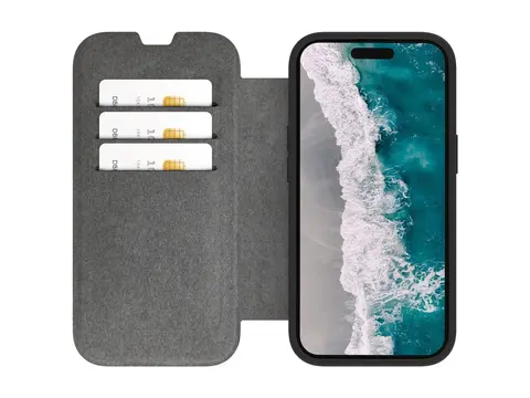 dbramante1928 Helsinki - Lommebok for mobiltelefon MagSafe-samsvar - plastikk, veganl&#230;r - svart, blank - for Apple iPhone 15 Plus