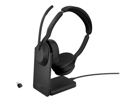 Jabra Evolve2 55 UC Stereo - Hodesett on-ear - Bluetooth - tr&#229;dl&#248;s - aktiv st&#248;ydemping - USB-C - svart - med ladestativ - Zoom Certified, Cisco Webex Certified, Optimized for Microsoft Teams, Alcatel-Lucent Certified, Avaya Certified, Unify Certified, MFi Certified, Amazon Chime Certified