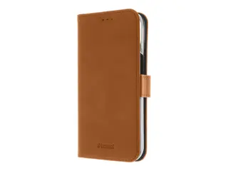 Insmat Premium - Lommebok for mobiltelefon ekte skinn, polykarbonat, kartong+papir+aluminiumsfolie - brun - for Apple iPhone 15 Pro