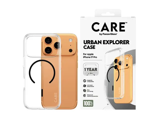 PanzerGlass CARE iPhone 17 Pro Urban Explorer deksel (gjennomsiktig/sort) Slankt, men sterkt, MagSafe-kompatibel, laget av resirkulerte materialer 
