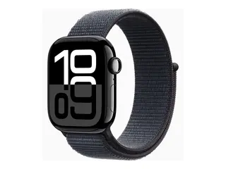 Apple Watch Series 10 (GPS) - 42 mm - jet svart aluminium smartklokke med sportssl&#248;yfe - myk dobbeltlagsnylon - blekk - h&#229;ndleddst&#248;rrelse: 130-200 mm - 64 GB - Wi-Fi 4, UWB, Bluetooth - 30 g