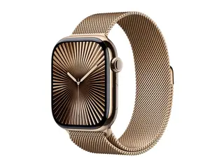 Apple Watch Series 10 (GPS + Cellular) 46 mm - gull titan - smartklokke med fint strikket l&#248;kke - nett av rustfritt st&#229;l - gull - b&#229;ndbredde: M/L - 64 GB - LTE, Wi-Fi 4, UWB, Bluetooth - 4G - 41.7 g