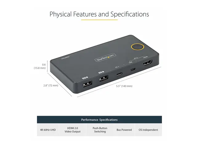 StarTech.com 2 Port Hybrid USB-A + HDMI & USB-C KVM Switch, Single...