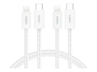 Belkin BoostCharge - Lightning-kabel - 24 pin USB-C hann til Lightning hann 1.5 m - hvit - Rask lading (en pakke 2)