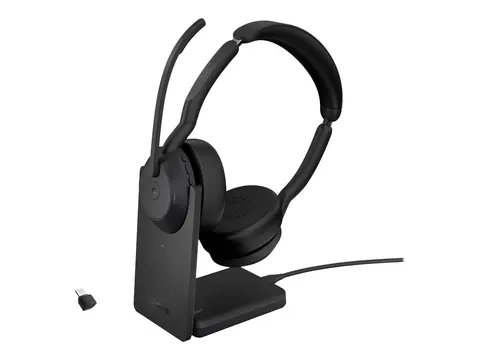 Jabra Evolve2 55 MS Stereo - Hodesett on-ear - Bluetooth - tr&#229;dl&#248;s - aktiv st&#248;ydemping - USB-C - svart - med ladestativ - Optimized for Microsoft Teams