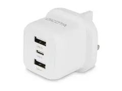 DICOTA - Strømadapter - compact, laptop - 32 watt 3 A - 3 utgangskontakter (USB-C, 2 x USB) - hvit - Storbritannia
