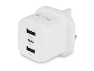DICOTA - Strømadapter - compact, laptop - 32 watt 3 A - 3 utgangskontakter (USB-C, 2 x USB) - hvit - Storbritannia