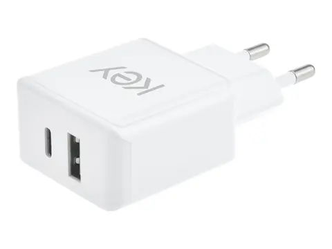 Key - Str&#248;madapter - 20 watt - 2 utgangskontakter (USB, 24 pin USB-C) hvit