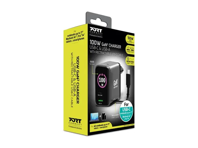 PORT Connect - Strømadapter - GaN II, med uttrekkbar usb-c-kabel -...