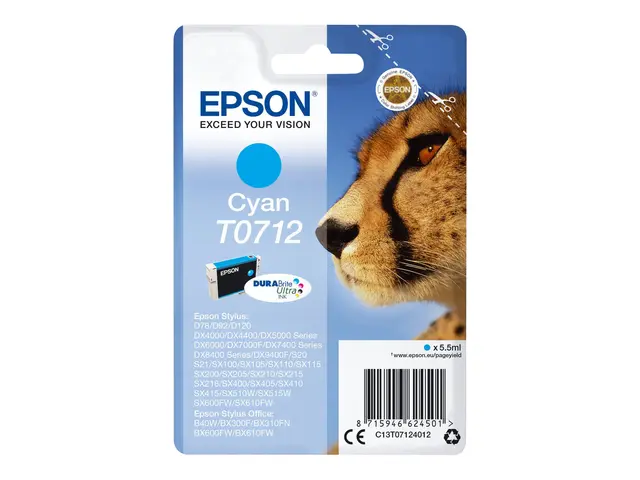 Epson T0712 - 5.5 ml - cyan - original - blære med RF/lyd-alarm - ...