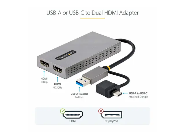 StarTech.com USB to Dual HDMI Adapter, A/C 2x Monitors (1x 4K 30Hz...