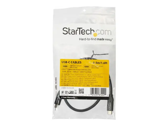 StarTech.com USB C to Cable - 1.5 ft / 0.5m 5A PD White 2.0 USB-IF...