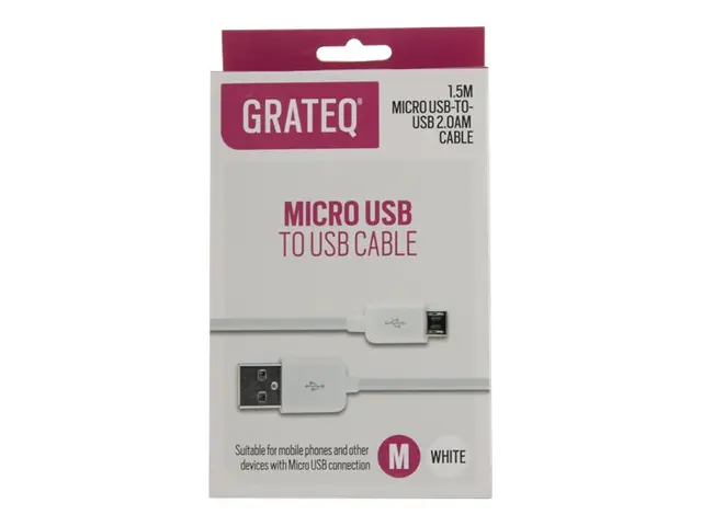 GRATEQ 85020 - USB-kabel - Micro-USB type B (hann) til USB (hann) USB 2.0 - AC 100-240/ DC 12-14 V - 1.5 m - hvit 