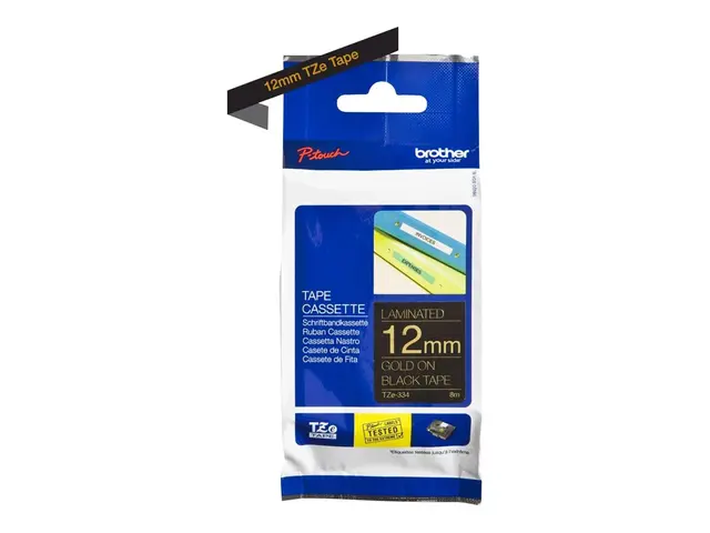 Brother TZe-334 - Selv-adhesiv gull på sort Rull (1,2 cm x 8 m) 1 ...