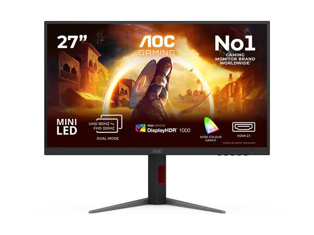 AOC Gaming U27G4XM - LED-skjerm - gaming 27" - 3840 x 2160 4K UHD (2160p) @ 160 Hz - Fast IPS - 1000 cd/m² - 1000:1 - DisplayHDR 1000 - 1 ms - 2xHDMI, DisplayPort - svart, rød 