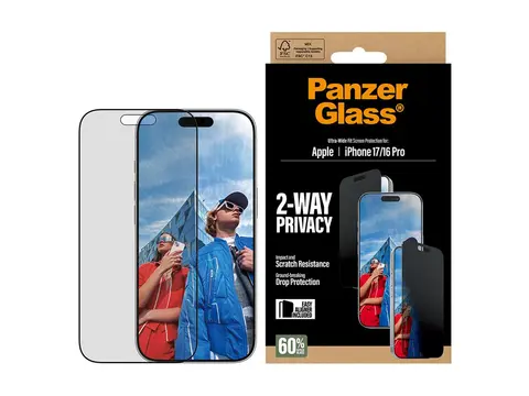 PanzerGlass Privacy - Skjermbeskyttelse for mobiltelefon ultravid passform med EasyAligner - glass - med personvernsfilter - for Apple iPhone 16 Pro, 17