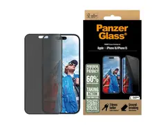 PanzerGlass - Skjermbeskyttelse for mobiltelefon ultrabred passform - glass - med personvernsfilter - 2-veis - rammefarge svart - for Apple iPhone 16