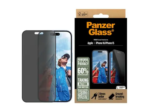 PanzerGlass - Skjermbeskyttelse for mobiltelefon ultrabred passform - glass - med personvernsfilter - 2-veis - rammefarge svart - for Apple iPhone 16