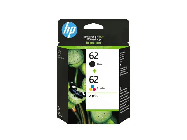 HP 62 - 2-pack pigmentert svart, farge (cyan, magenta, gul) origin...