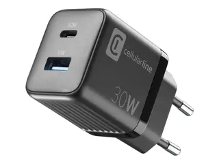 Cellularline MULTIPOWER MICRO - Strømadapter ultra-kompakt - 30 watt - 3 A - PD, SFC - 2 utgangskontakter (USB-type A, 24 pin USB-C) - svart