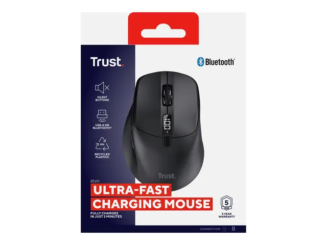 Trust Zevo - Mus - høyrehendt - optisk - 5 knapper trådløs - 2.4 GHz, Bluetooth - USB trådløs mottaker - svart 
