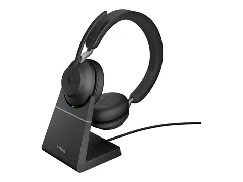 Jabra Evolve2 65 MS Stereo - Hodesett on-ear - Bluetooth - trådløs - USB-A - lydisolerende - svart - med ladestativ - Certified for Microsoft Teams