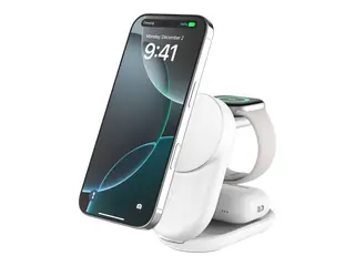 Belkin UltraCharge - Trådløst ladestativ 3-i-1, magnetisk, sammenleggbar, med Qi2 + AC-strømadapter - 25 watt - Fast Charge - hvit