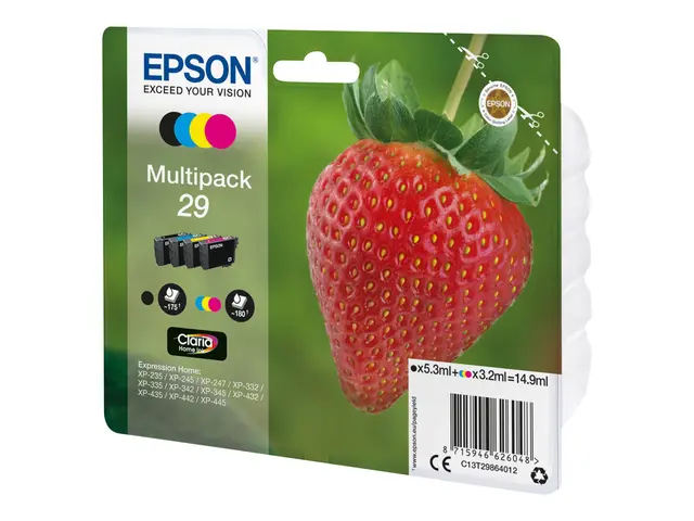 Epson 29 Multipack - 4-pack - 14.9 ml svart, gul, cyan, magenta - original - blære med RF/lyd-alarm - blekkpatron - for Expression Home XP-235, 245, 247, 255, 332, 335, 342, 345, 432, 435, 442, 445, 455 